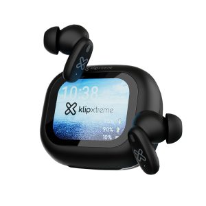 Black square touchscreen device with two wireless earbuds resting around it; screen shows 10:38 and a KlipXtreme logo, suggesting a compact fitness gadget.