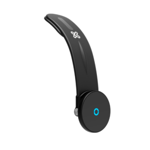 Black wireless Bluetooth headset with a curved arm and round earpiece, blue LED indicator on the earcup.
