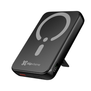Black wireless charging pad with a stand, featuring a large Qi symbol on the surface and a small brand logo near the edge.