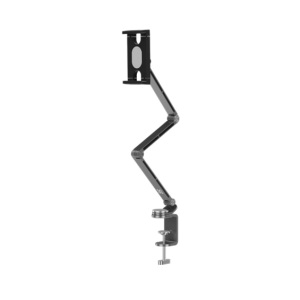Adjustable desk monitor arm with clamp and VESA mount at top, three joints allowing flexible positioning.