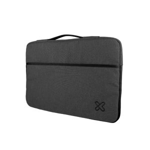 Dark gray laptop sleeve with a top handle and a front zipper pocket, logo bottom-right corner.