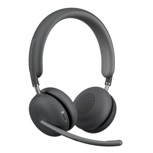 Over-ear wireless headphones with a boom microphone in dark gray, shown from a three-quarter angle