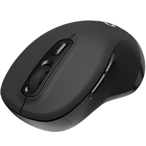 Wireless black mouse with scroll wheel and side buttons, angled top view for a computer setup