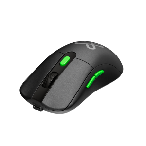 Black and gray wireless gaming mouse with green scroll wheel and side button, USB-C port visible at front.