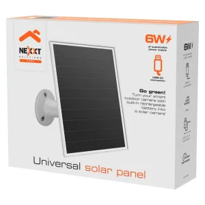 Product packaging for a universal solar panel with a mounted solar cell, labeled 'Universal solar panel' and '6W' on the side.