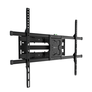 Black heavy-duty articulating TV wall mount with extendable arms and central mounting plate for flat-screen TVs.