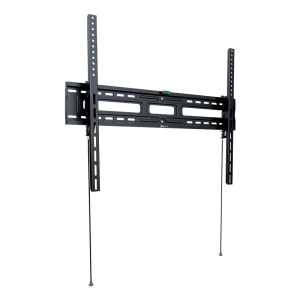 Black wall-mount bracket for a flat-screen TV with adjustable rails and support arms.