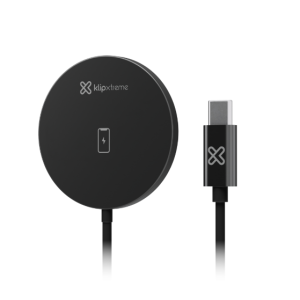 Black circular wireless charging pad with USB-C cable and Klipxtreme logo.