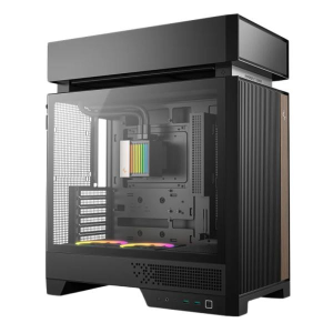 Black mid-tower PC case with a transparent side panel revealing internal components and rainbow RGB RAM, bottom RGB lighting, and front I/O ports.