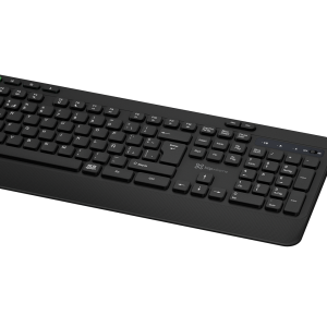 Wireless keyboard and mouse set in black on a pale background, shown at an angle for a product image view.