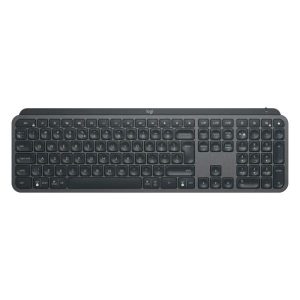 Full-size wireless keyboard with numeric keypad, dark gray keys and a Logi logo in the center of the top edge.