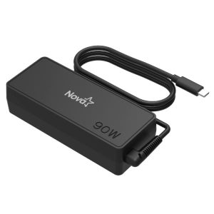 NovaX 90W USB-C laptop charger with attached power cord and plug-in cable.