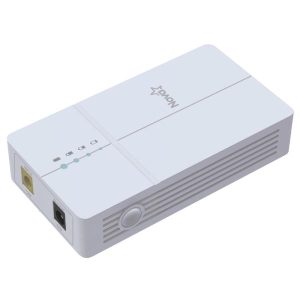 White compact multimedia projector with a side-facing lens, vented grille, and visible input ports on the back side (brand logo visible).