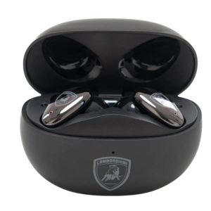 Black wireless earbuds inside an open matte black charging case with a Lamborghini emblem on the front.