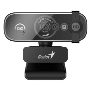 Webcam on a stand with Genius logo on the mount; camera shows Auto Focus and HD indicators on the front