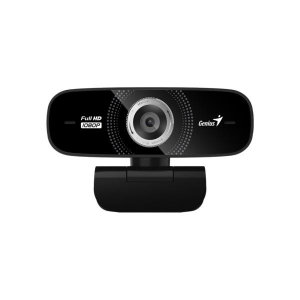 Black webcam with a silver center lens mounted on a stand, labeled Full HD 1080p with a Genius logo.