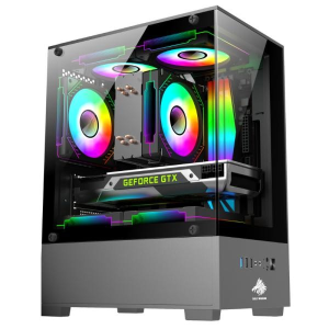 RGB-lit gaming desktop with a glass side panel, showing illuminated fans and a GeForce GTX graphics card inside
