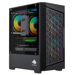 Black mid-tower gaming PC with a glass side panel showing RGB cooling fans and a GeForce GTX GPU inside; front mesh panel.