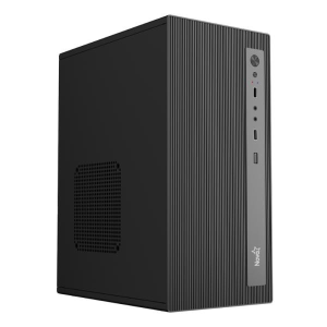 Black mid-tower PC case with vertical front stripes, visible power button, USB ports, audio jacks, and side ventilation panel.
