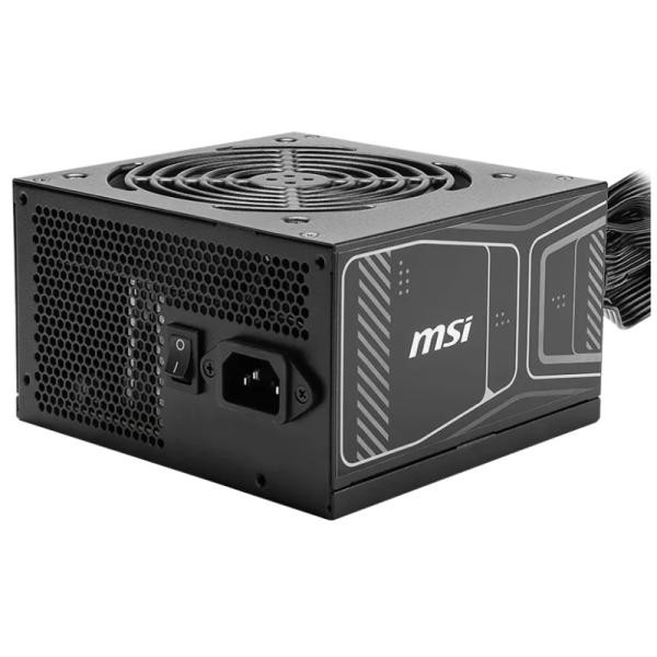 FUENTE DE PODER MSI MAG A750GN PCIE5 750W 80 PLUS GOLD (306-7ZPBY23-CE0) MSI-branded computer power supply with top cooling fan and perforated back panel, shown from an angle.