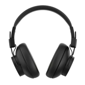 Black over-ear headphones viewed from the front with cushioned ear cups