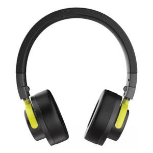 Black over-ear headphones with neon yellow accents on the earcup hinges, on a white background