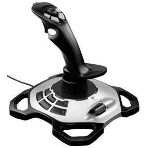 Black Logitech joystick with an ergonomic handle and multiple gray action buttons on top, mounted on a wide base.