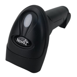 Black ergonomic handheld barcode scanner with a scanning window and Nova logo visible on the front.