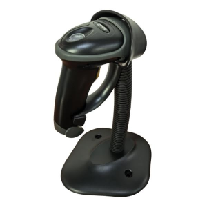 Handheld barcode scanner mounted on a stand with a base for easy product scanning.