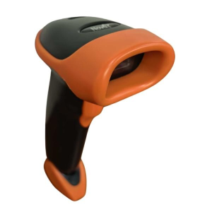 Orange and black handheld barcode scanner with ergonomic grip, angled to scan barcodes