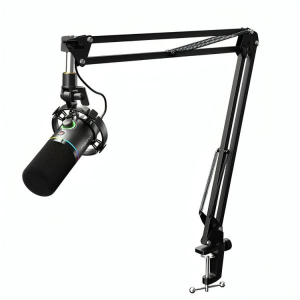 Professional podcasting microphone mounted on an adjustable boom arm with a shock mount and desk clamp.