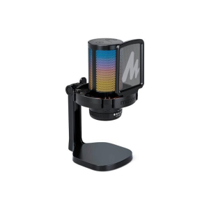 Black desktop condenser microphone mounted on an adjustable stand with a rainbow-lit grille and protective side shield; ideal for podcasts or streaming.