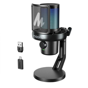 Maono USB condenser microphone on an adjustable black desktop stand with two USB adapters nearby