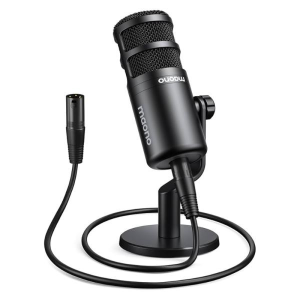 Tonor desktop microphone on a small stand with a long coiled cable for recording or podcasting