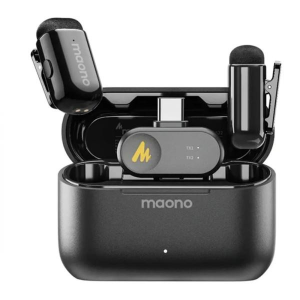 Wireless earbud set with open charging case; two earbuds sit in the case, branded Maono, ready to charge or use.