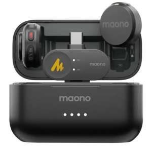 Maono wireless lavalier mic kit in an open charging case, showing the receiver and two transmitters (one with a yellow M logo).