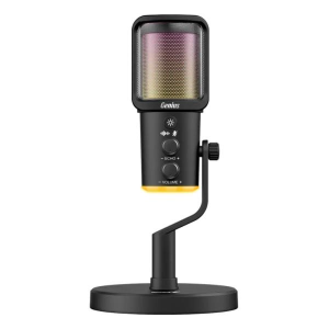 Black desktop microphone mounted on a small adjustable arm with a round base; yellow accent at the bottom and "Genius" branding on the mic head.