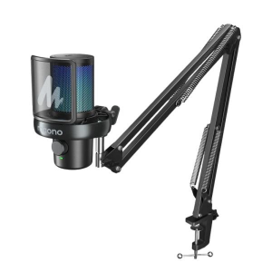 Condenser microphone in a shock mount on an adjustable boom arm with a desk clamp ready for podcasting or streaming.