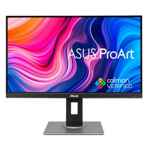 ASUS ProArt monitor on a stand with colorful wallpaper and Calman Verified logo visible on screen (no people).