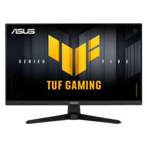 ASUS TUF Gaming monitor on a stand displaying the bold TUF logo and 'TUF GAMING' text on screen.