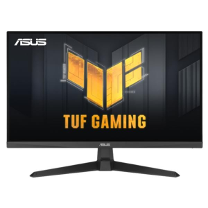 Front view of an ASUS TUF Gaming monitor on a stand, showcasing the screen with the ASUS logo and bold orange 'TUF GAMING' text.