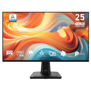 25-inch Full HD monitor on a stand displaying a vibrant orange–blue abstract wallpaper