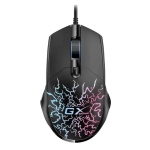 Black gaming mouse with blue scroll wheel and a multicolored lightning pattern and GX Gaming logo on the palm area.