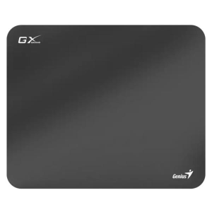 Dark grey rectangular mouse pad with rounded corners; GX Gaming logo top-left and Genius logo bottom-right.]","Dark gradient gaming mouse pad with GX Gaming branding and a Genius logo in the corner."]} }Oops formatting issues. Need proper JSON. Let's fix.