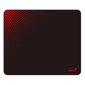 Black rounded mouse pad with a red dotted arc in the top-left and a red Genius logo in the bottom-right corner.