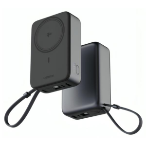 Dual-device wireless charger: a Qi charging pad on the front block with a second connected power block behind, both with cables plugged in.