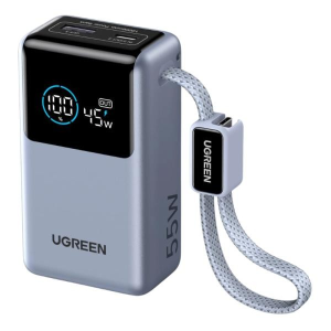 Slim blue power bank with a digital display showing charge level and 45W output, connected by a braided USB-C cable