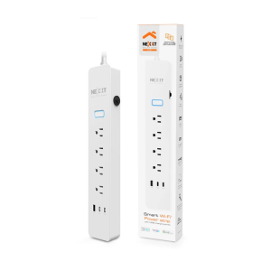 White smart Wi‑Fi power strip with multiple outlets and USB ports, shown with its box called Next Solutions.
