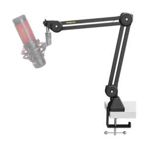 Condenser microphone on Maono adjustable boom arm with desk clamp.