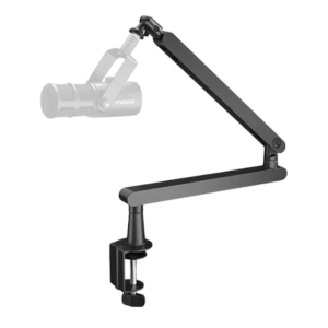 Black adjustable desk microphone arm with clamp attached to a table edge.